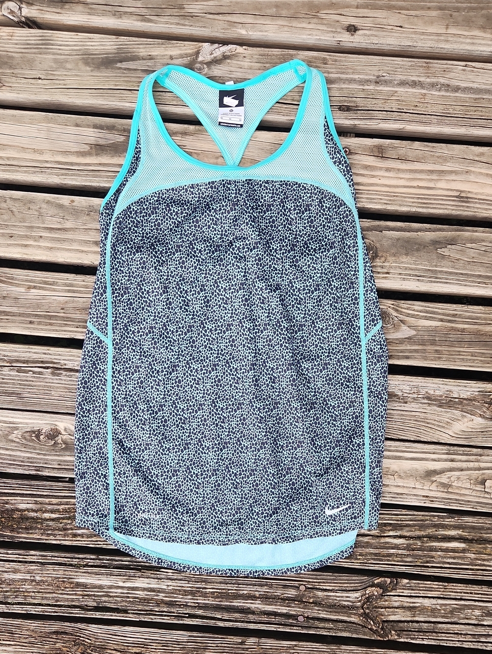 Nike Teal Black Leopard Dot Tank Top Mesh Running Active Walking Medium Workout